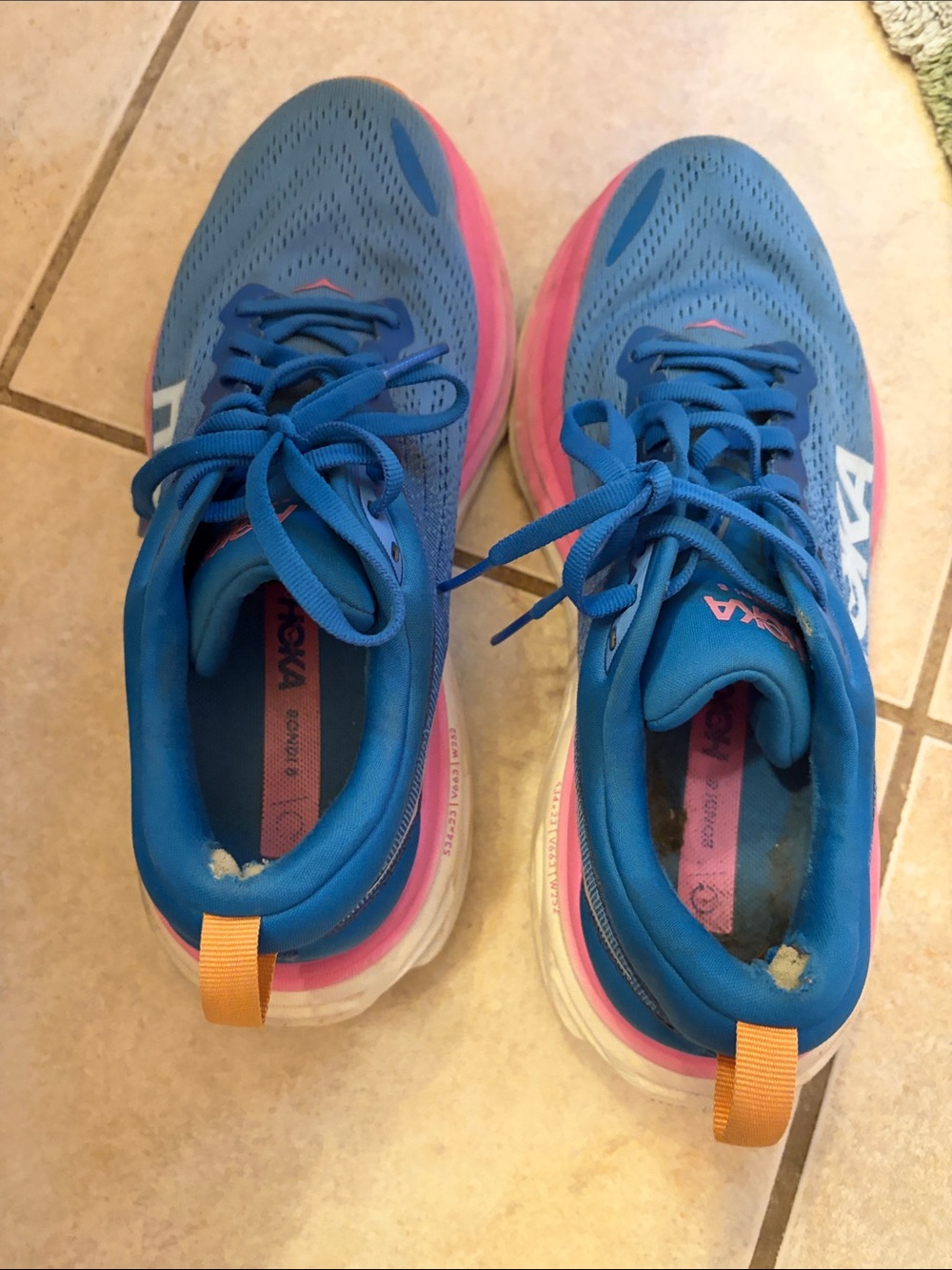 Hoka One One Women's Blue Running Shoes with Pink Midsole and Orange Heel Tabs